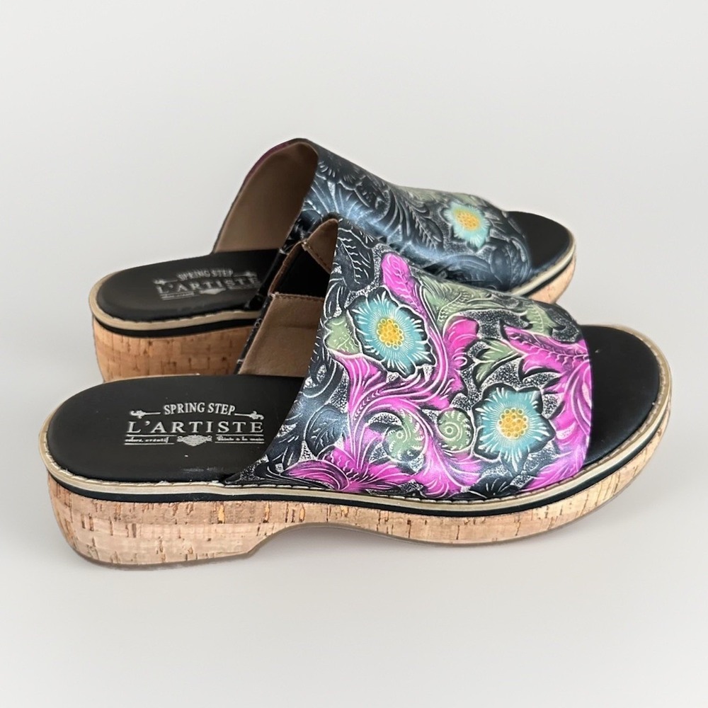 Spring Step L'Artiste Alpina Floral Leather Slide Sandals Size 9 Boho